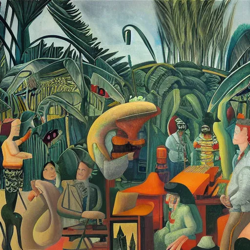 Image similar to high quality, high detail painting, dutch masterpiece, jim jarmusch, film noir, diego rivera, high garden scene with quetzalcoatl, hd, muted lighting