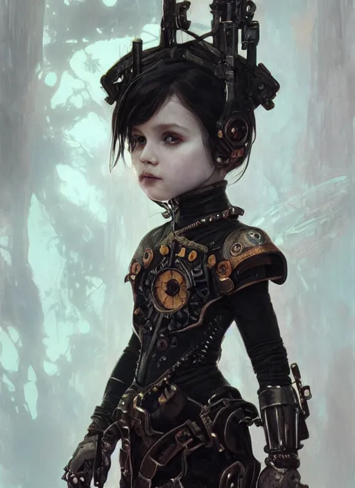 Prompt: portrait of cute little gothic girl child, warhammer 40000, cyberpunk, intricate, elegant, highly detailed, digital painting, artstation, concept art, smooth, sharp focus, illustration, art by artgerm and greg rutkowski and alphonse mucha and Gustav Klimt