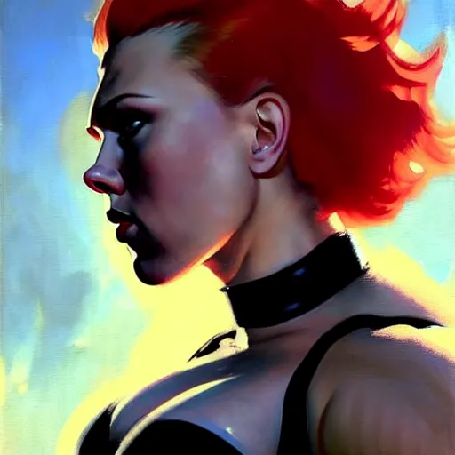 Image similar to greg manchess portrait of scarlett johansson as thick very muscular gothic weightlifter zarya from overwatch with short red hair and black lipstick, fantasy medium shot, asymmetrical, profile picture, organic painting, sunny day, matte painting, bold shapes, hard edges, street art, trending on artstation, by huang guangjian and gil elvgren and sachin teng