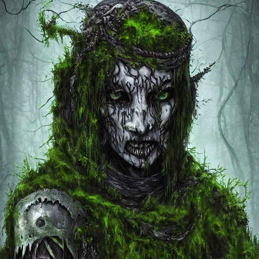 Image similar to an undead druid/knight covered in moss and vines in the style of anti-art trending on artstation deviantart Pinterest detailed realistic HD 8k High Resolution