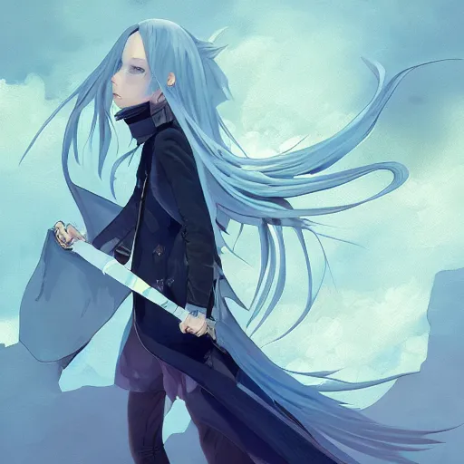 Image similar to low - angle shot from behind of a long light blue - haired girl in a blue tailcoat with a scabbard, combat boots, noir, sharp focus, intricate, illustration, cell shaded, digital painting, highly detailed, straight hair, art by ilya kuvshinov, wlop, greg rutkowski, studio quality, makoto shinkai, james jean