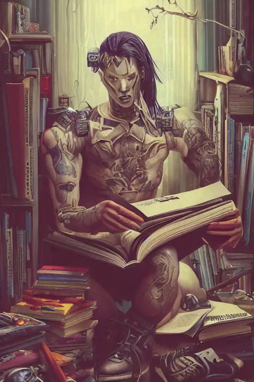 Image similar to cybergoth guy reading a book in a cluttered messy 9 0 s bedroom, artgerm, tom bagshaw, gerald brom, vaporwave, vaporwave colors, 9 0 s, 9 0 s aesthetic, perfect face, detailed face, symmetrical face,