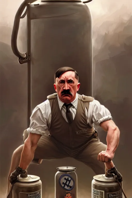 Image similar to clear portrait of adolf hitler benchpressing a big gas container, cottagecore!!, background hyper detailed, character concept, full body, dynamic pose, intricate, highly detailed, digital painting, artstation, concept art, smooth, sharp focus, illustration, art by artgerm and greg rutkowski and alphonse mucha