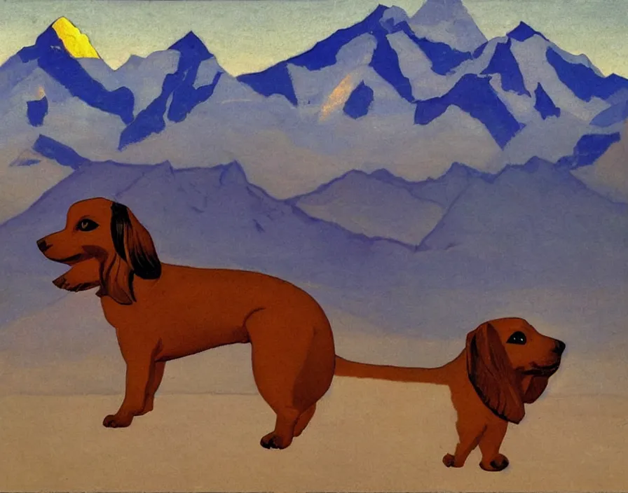 Prompt: Himalayan Dachshund, with Himalaya in the background, sunset, painting by Nicholas Roerich