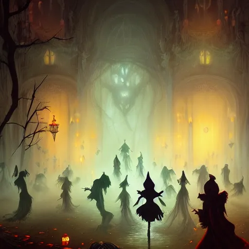 Prompt: Ghostly Apparitions Dancing in the Ballroom, Halloween, Autumn Night, 8k resolution matte fantasy painting, cinematic lighting, DeviantArt, Artstation, Jason Felix Steve Argyle Tyler Jacobson Peter Mohrbacher