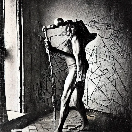 Image similar to 1 9 8 1 distressed kodachrome photo of mephistopheles in the style of jan saudek, heironymus bosch, joel peter witkin, pieter bruegel the elder, gustave dore, annie liebovitz