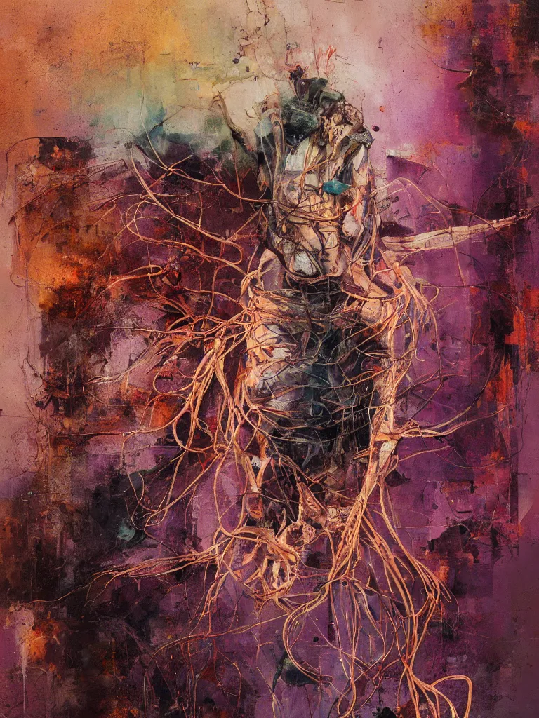 Prompt: a beautiful glitched painting by robert proch of an anatomy study of the human nervous system, color bleeding, pixel sorting, copper oxide and rust materials, brushstrokes by jeremy mann, cold top lighting, pastel purple background