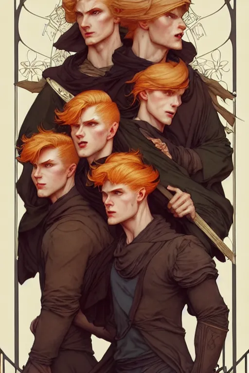 Prompt: cinematic portrait of three unruly brothers - 1 blond man and 1 redhead man and 1 brunet man by artgerm, cushart krenz, greg rutkowski, mucha. art nouveau. gloomhaven, 3 brothers!!, vibrant colors, sharp edges. ultra clear detailed. 8 k. elegant, intricate, octane render