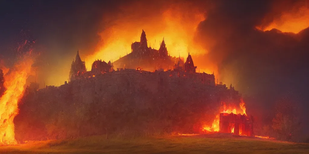 Prompt: a royal medieval castle on fire, on top of a hill, burning down, intense flames, center focus, landscape by simon stalenhag, rendered by beeple, by makoto shinkai, digital art