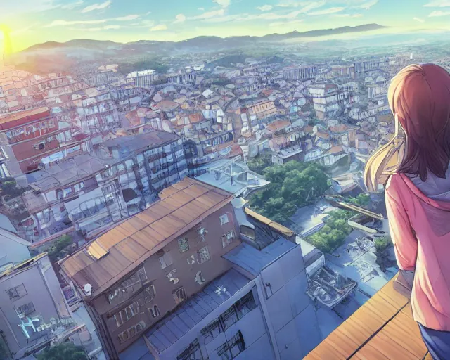 Image similar to teen standing on the roof of a building, sunset, bird eye view, fisheye view, illustration, by pine ( ハイネ ) and 薯 子 imoko and 香 川 悠 作 and wlop and maya takamura, highly detailed, trending artstation, pixiv, digital art