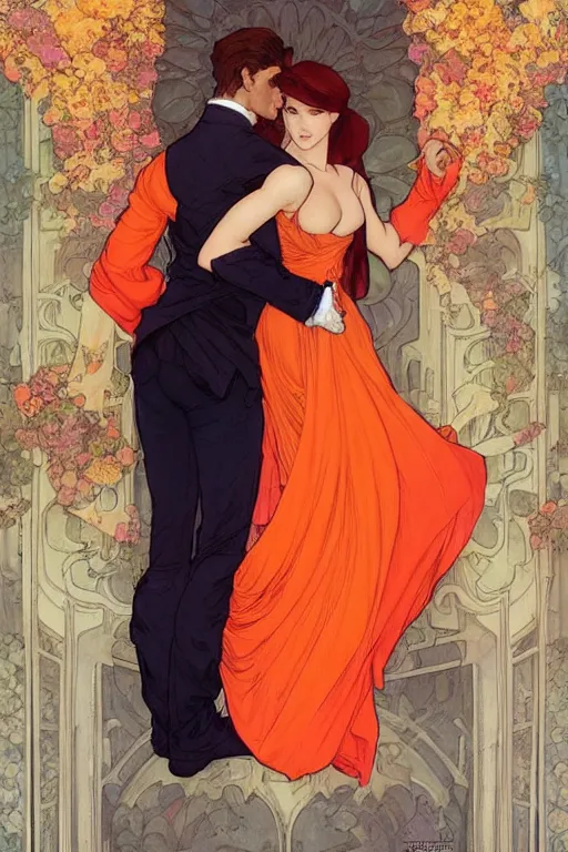 Prompt: man in orange shirt fastens beautiful dress of his spouse before going to exquisite gala art by artgerm and greg rutkowski and charlie bowater and magali villeneuve and alphonse mucha