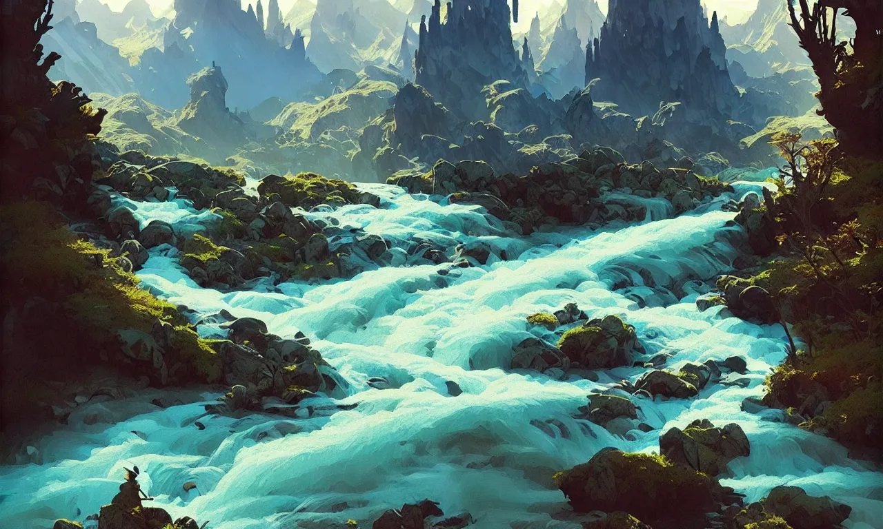 Image similar to Mountain river flows through a fantasy landscape gorge. A big blue lake in the middle of the mountains. Fabulous nature, amazing seascape, highly detailed, digital painting, artstation, concept art, smooth, sharp focus, illustration, art by greg rutkowski and alphonse mucha