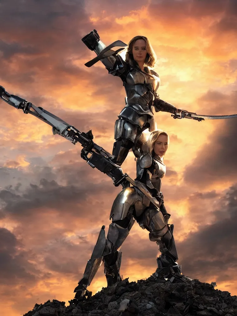 Image similar to emily blunt in futuristic power armor, by herself, holding a sword, standing atop a pile of rubble, sunset and big clouds behind her