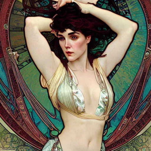 Prompt: realistic detailed face portrait of Jennifer Connelly by Alphonse Mucha, Ayami Kojima, Amano, Charlie Bowater, Karol Bak, Greg Hildebrandt, Jean Delville, and Mark Brooks, Art Nouveau, Neo-Gothic, Surreality, gothic, rich deep moody colors