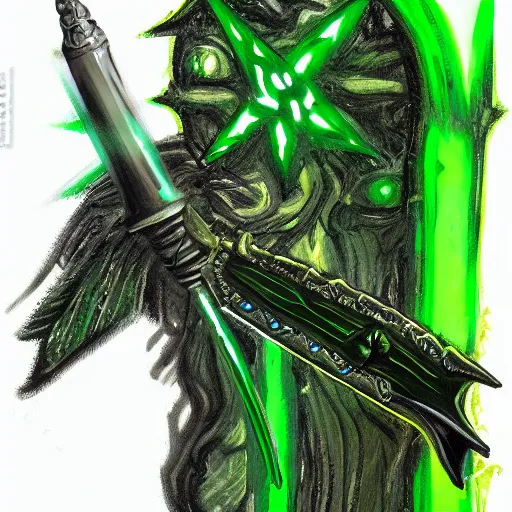 Image similar to Oil painting concept art of a magical acid sword glowing bright green, very intricate hilt, green color scheme, highly detailed concept art.