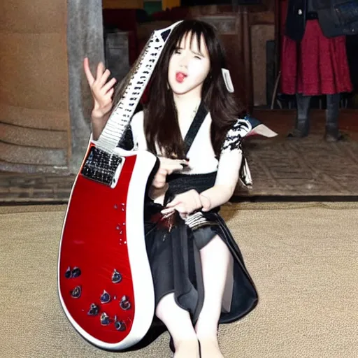 Prompt: iu wearing medieval armor playing an electric guitar