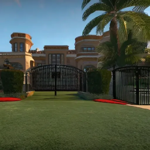 Prompt: nuclear secrets hidden in a fortified golf mansion in florida as a hitman video game mission, next gen screenshot, president trump is looking into the camera