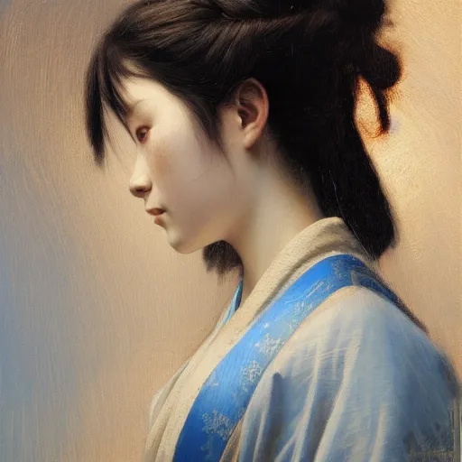 Image similar to painting of a young woman in samurai armor, blue lighting, high detail, part by Bouguereau, part by Sergeant, part by Ruan Jia, masterpiece, trending on artstation