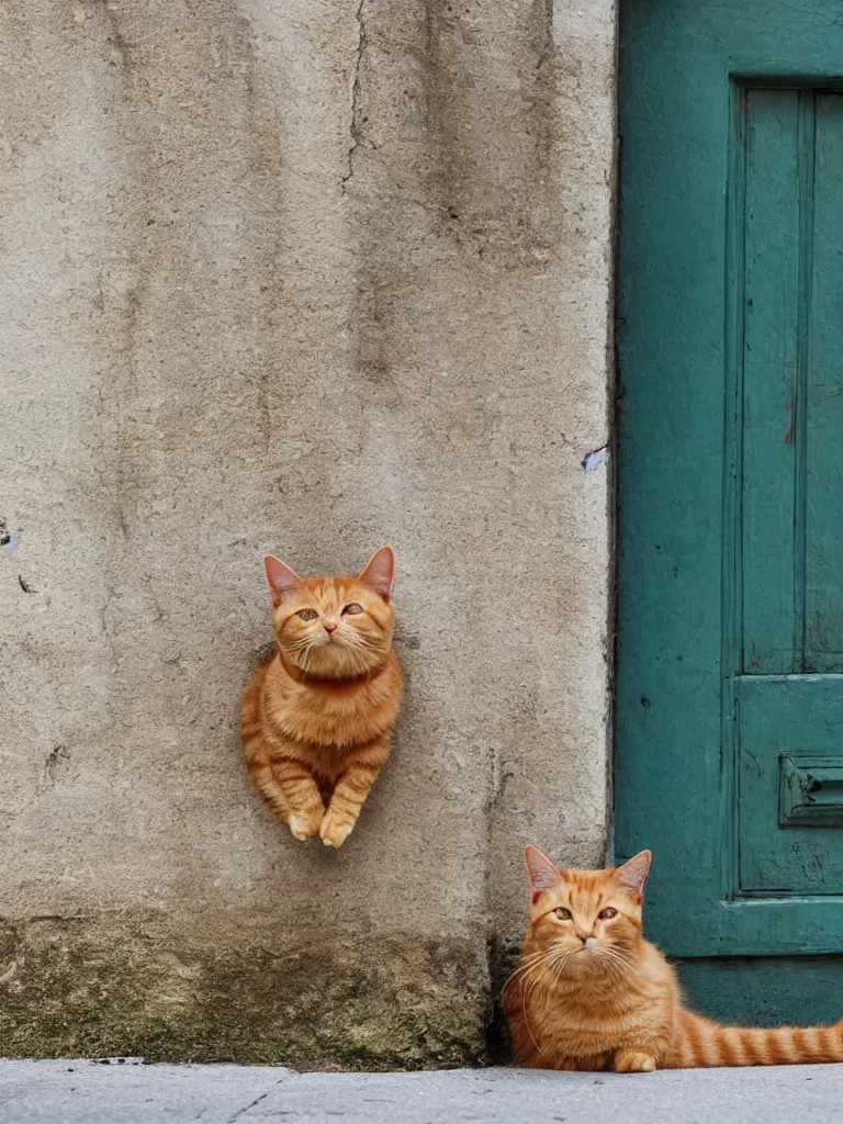 Prompt: a door into summer on the city street, a ginger cat sits near the door