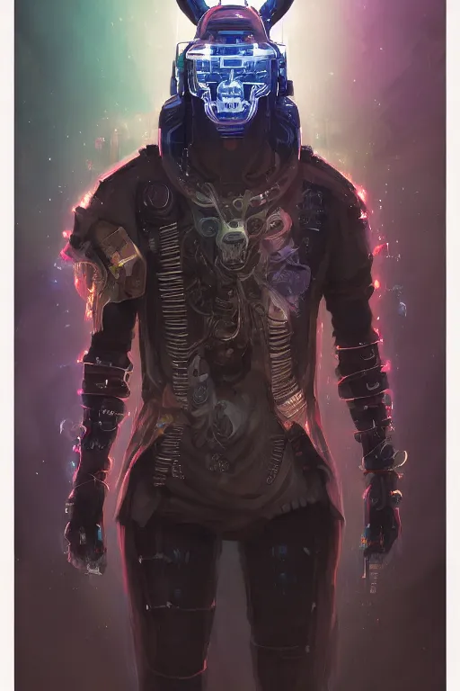 Image similar to portrait of a cybernetic samurai with holographic llama face, cyberpunk concept art by pete mohrbacher and artgerm and wlop and greg rutkowski and deathburger, digital art, highly detailed, intricate, sci-fi, sharp focus, llama, Trending on Artstation HQ, deviantart, unreal engine 5, 4K UHD image, daily deviation, llama llama