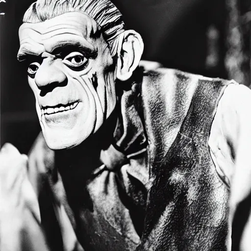 Image similar to old black and white film still photo of actor boris karloff actor as frankenstein monster character smiling in a halloween party, hyper real, hyper detailed