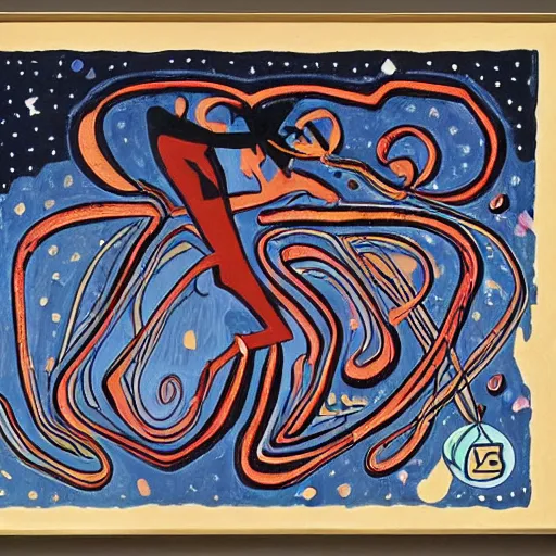 Image similar to by faith ringgold, by tex avery dreadful. a beautiful illustration. the abyss above him shone with unflickering stars. one of the dots of light was earth. he didn ’ t know which one.