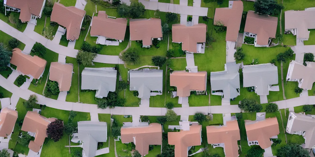 Prompt: suburbs, film still from the truman show, crane shot from above