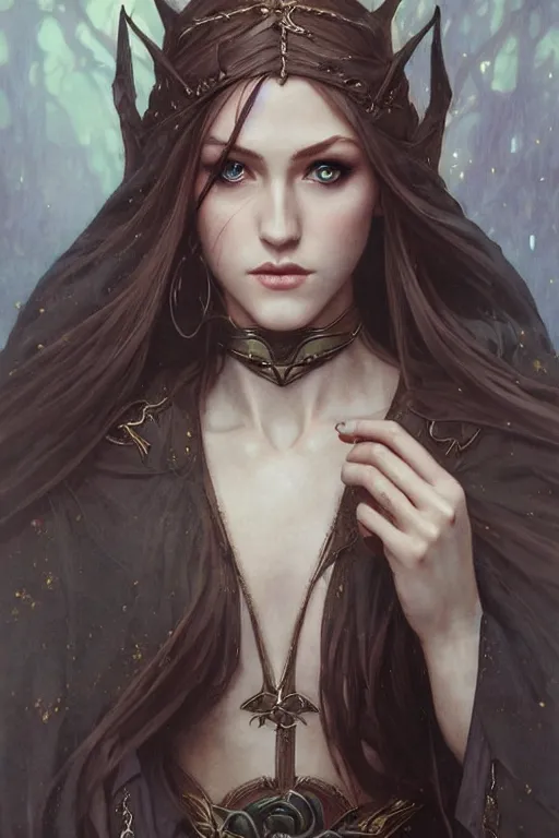 Image similar to portrait of katherine mcnamara elven mage, dark, piercing eyes, gentle expression, elegant clothing, photorealistic, highly detailed, artstation, smooth, sharp focus, art by michael whelan, artgerm, greg rutkowski and alphonse mucha