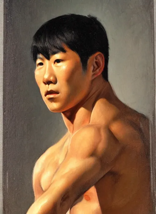 Image similar to a portrait of a muscular korean man with beautiful brown eyes and short black hair, art by manuel sanjulian