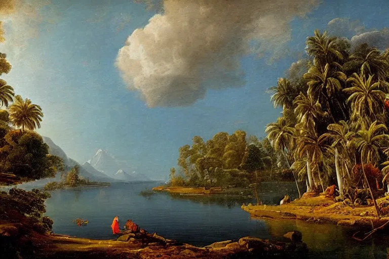 Image similar to beautiful landscape with winter and lake and coconut trees, mythology, fantasy, landscape background, vivid colors, digital painting, very detailed, realistic, high quality, by claude lorrain