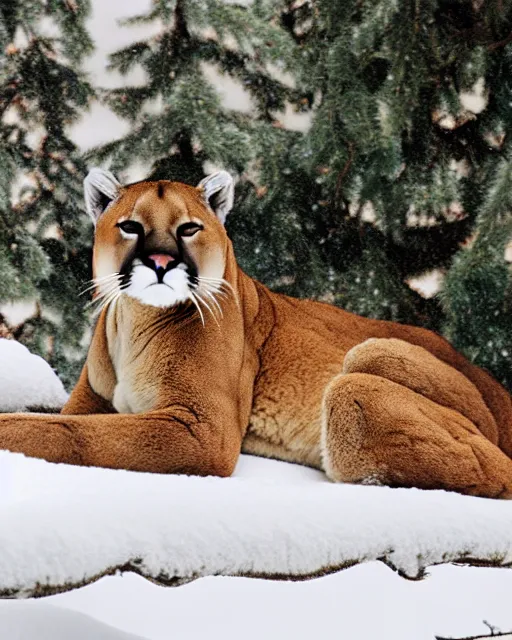 Image similar to magazine article showing 'a cougar sleeping in the middle of snowy pine tree' laying on coffee table, zoomed out shot, HD, iphone screenshot