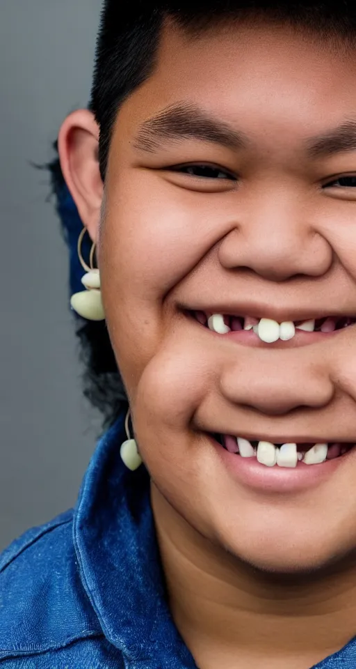 Image similar to close up photograph of a single fat filipino teenage boy smiling with crooked teeth, with a curly perm, and with small studded earings, 4 k, photorealistic, high detail by annie leibovitz