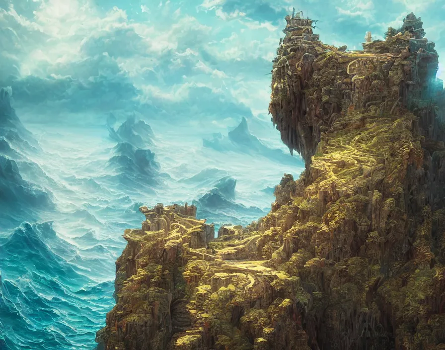 Prompt: fantasy painting of a cliff in the shape of a skull overseeing a vast ocean, complex, detailed, intricate abstract. delicate artwork. by Tooth Wu, wlop, beeple, dan mumford. octane render, trending on artstation, greg rutkowski very coherent symmetrical artwork. cinematic, hyper realism, high detail, octane render, 8k, depth of field, bokeh. chrome accents.
