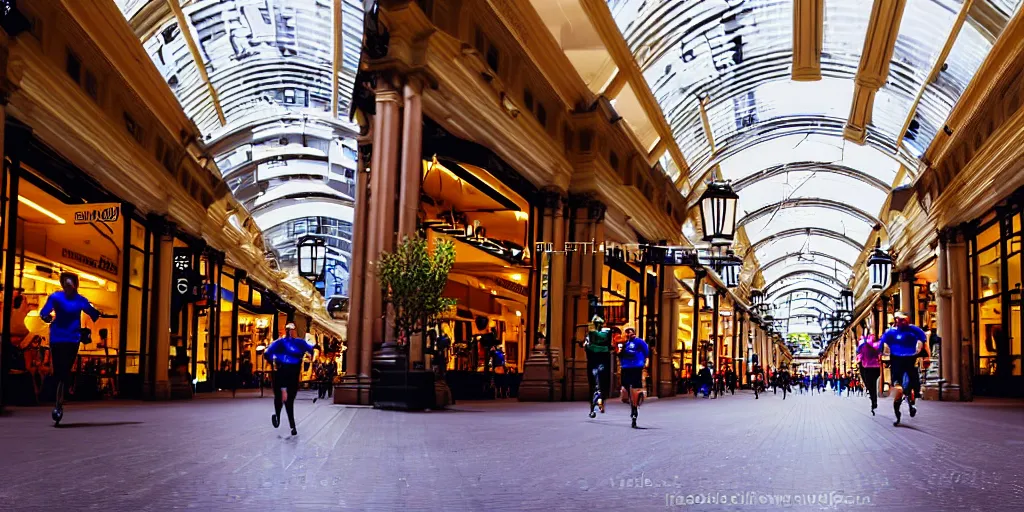 Prompt: A photo of robots running through Adelaide Arcade in Adelaide, Australia, High detail, realistic photo