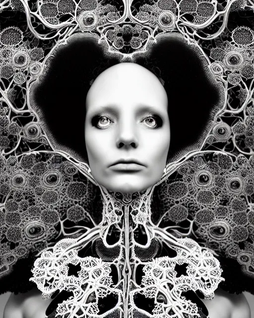 Image similar to surreal black and white photo portrait of complex bio-mechanical beautiful young female vegetal-cyborg with a Mandelbrot fractal metal fine lace face, curled silver hair, 150 mm lens, soft rim light, fine metal floral foliage super big lace collar by Alexander McQueen, high fashion, haute couture, rococo, steampunk, silver filigree details, anatomical, facial muscles, cable wires, microchip, elegant, hyper realistic, octane render, unreal engine, in the style Dora Maar, volumetric lighting, 8k,