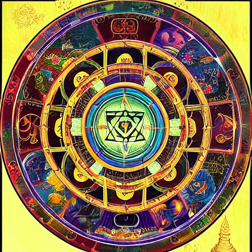 Prompt: a detailed buddhist Yantra, depicting the cosmology of life and death. ultra high definition fantasy art.