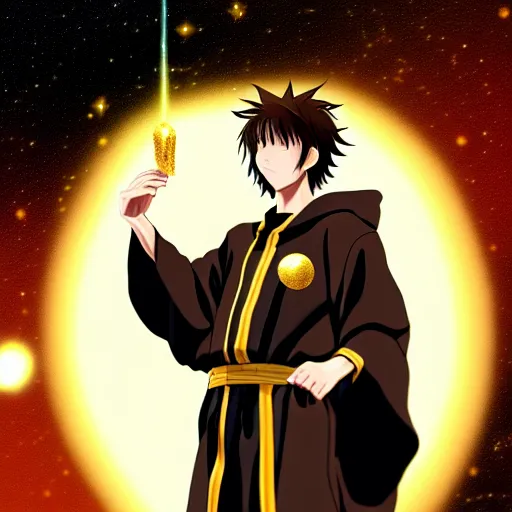 Image similar to a man with with brown hair, wearing a black robe with the tips made of gold, setting in space with a galaxy in the backround, anime, trending on artstation, high quality