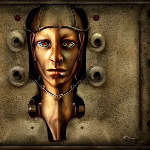 Image similar to an elf with skin made of thick, smooth steel riveted together. the elf's jaw is fastened on with nuts and bolts. digital art in the style of the industrial age.