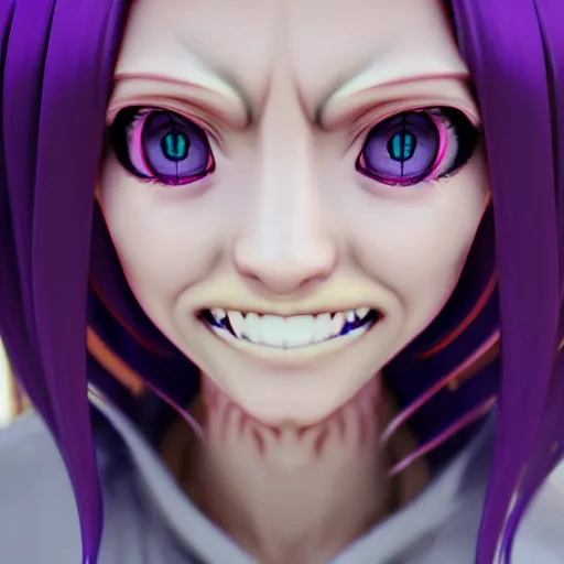 Prompt: a very evil looking 3d anime girl on the street, unreal engine 5 4k render, hazler eyes, evil smile, incredibly high detailed, studio quality, trending on artstation, medium shot, long purple hair