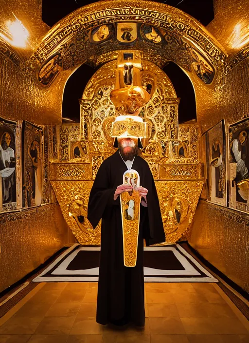 Image similar to orthodox priest in golden clothes with cute caracal head, wearing vr, in orthodox church, orthodox icons, volumetric lighting, night, darkness, atmospheric, ambients, dramatic, noir, blur, bokeh, cinematic, depth of field, 8 0 mm, f 1. 8