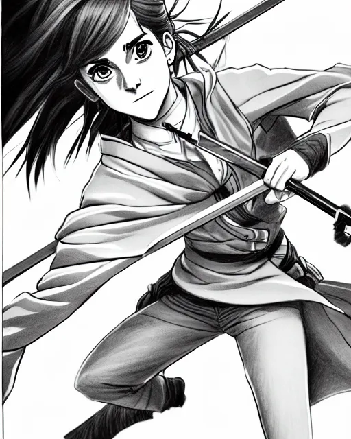 Image similar to a very detailed pencil drawing of emma watson in demon slayer manga panel, action lines, in field high resolution, dynamic pose, landscape, portrait, action, hyper realistic, manga, koyoharu gotouge, sakuga