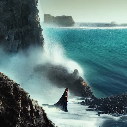 Prompt: photograph with stylish lens effect, pixar inspired, stylistic lighting, 1 9 8 0's action moviee style, weta digital, octane render, a woman in a black dress and a hair covering standing in the cliffside entrance to a cave alongside crashing dramatic ocean waves with sea foam and sea spray