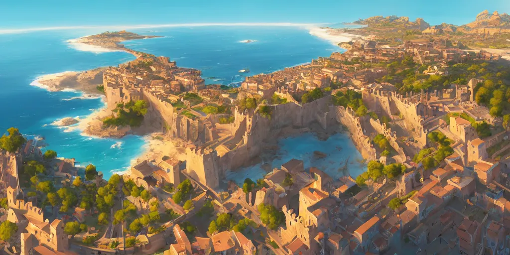 Prompt: Panoramic view of the Castle of Peñiscola and surrounding beaches, mattepainting concept Blizzard pixar maya engine on stylized background splash comics global illumination lighting artstation lois van baarle, ilya kuvshinov, rossdraws