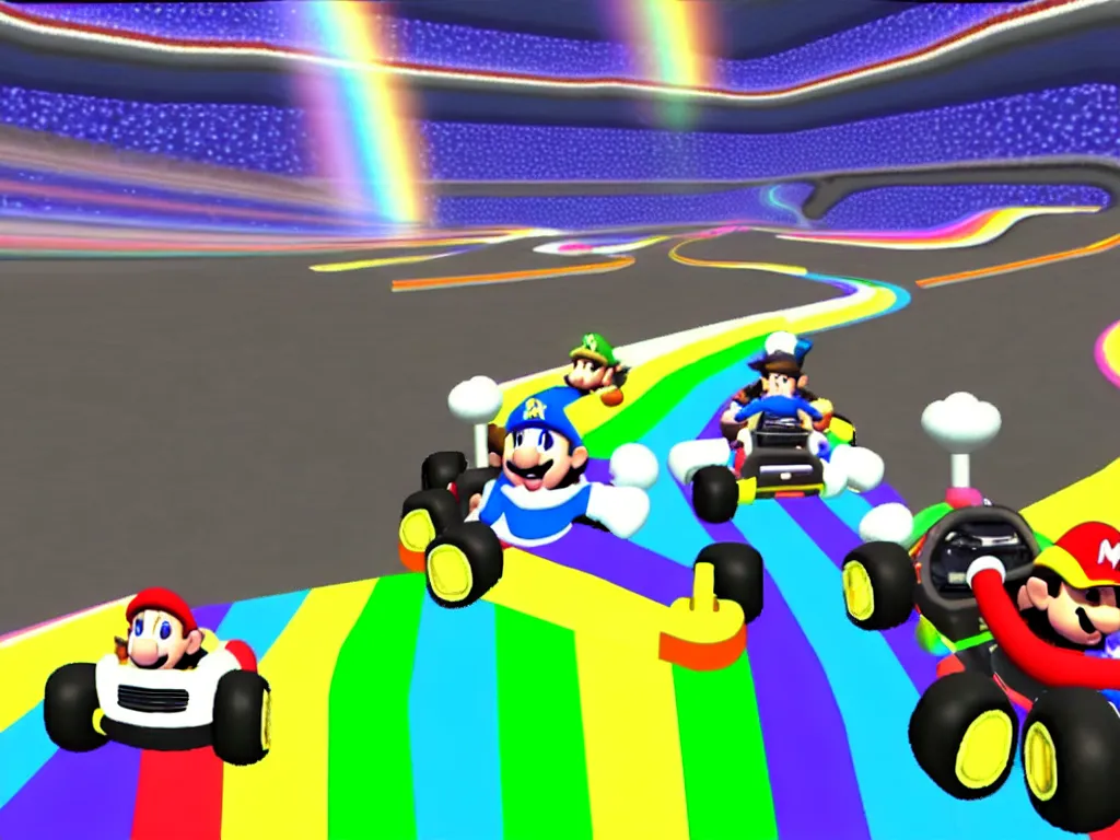 Image similar to kanye west on rainbow road mario kart 8 map