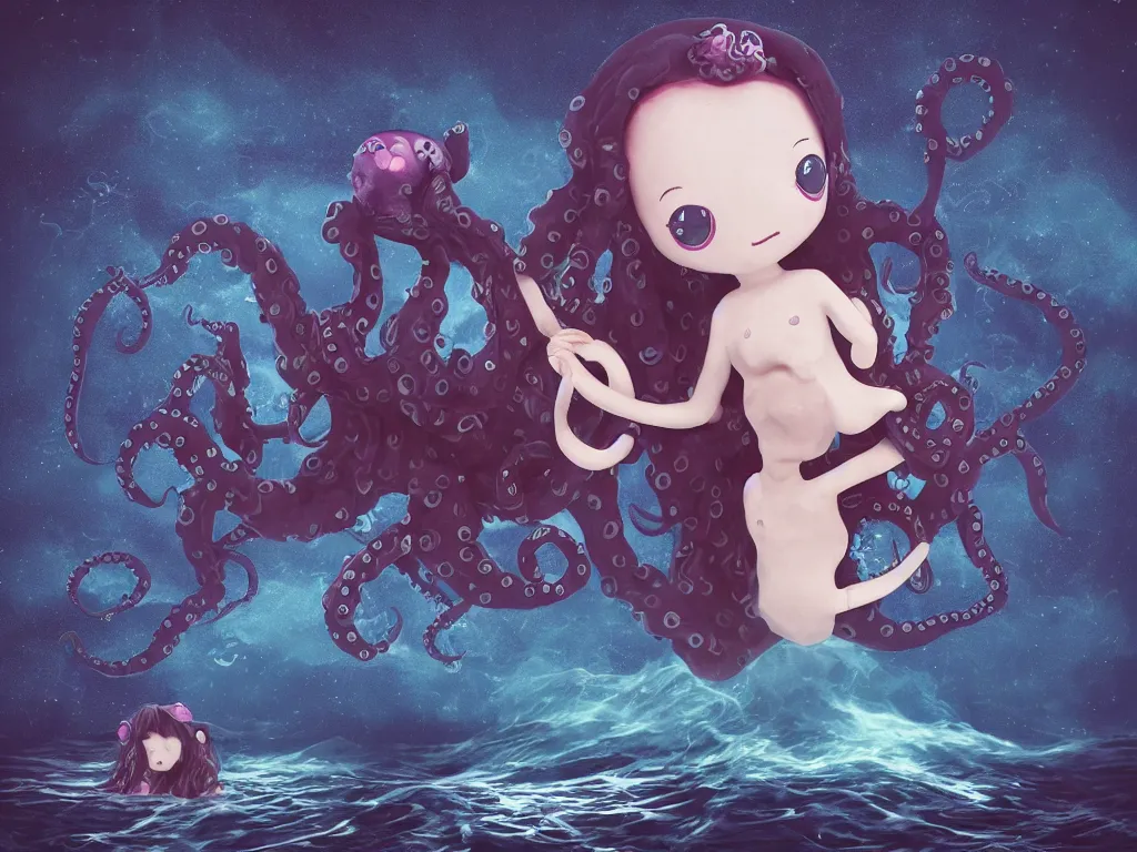 Image similar to cute fumo plush gothic octopus maiden alien girl combing her hair in the waves of the dark galactic abyss, tattered ragged gothic dress, ocean waves and reflective splashing water, ocean simulation, vignette, vray