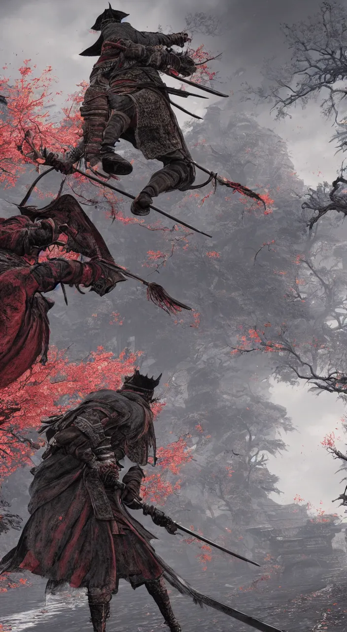 Prompt: sekiro in Bloodborne world, concept art, 8k