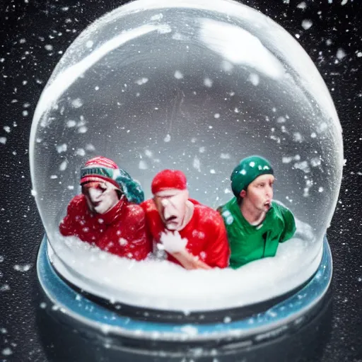 Image similar to eminem trapped inside of a snow globe, trending on artstation, 5 0 mm camera