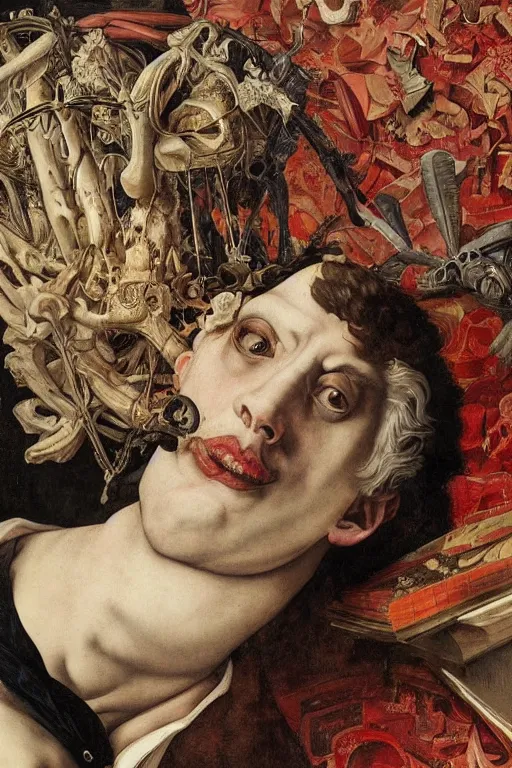 Prompt: Detailed maximalist portrait a man lying on bed with large lips and with large white eyes, exasperated expression, botany bones, HD mixed media, 3D collage, highly detailed and intricate, surreal illustration in the style of Caravaggio, dark art, baroque