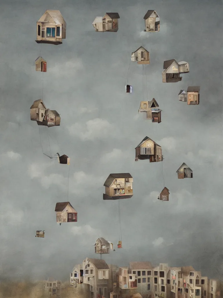 Prompt: artist cinta vidal painting on wooden canvas of house floating in the air,