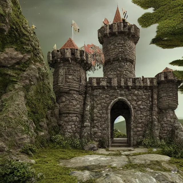 Image similar to a beautiful realistic detailed castle carved in a stone, gate, surreal, surrounded by mold and moss, photorealistic, octane render, volumetric lighting, 8 k, cinematic lighting, hd